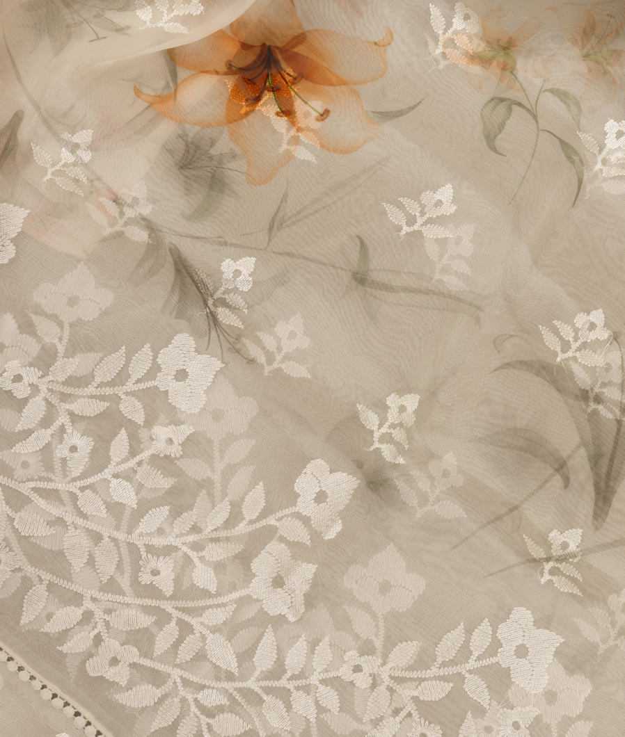 White Kora Organza Embroidery Saree T388238-image