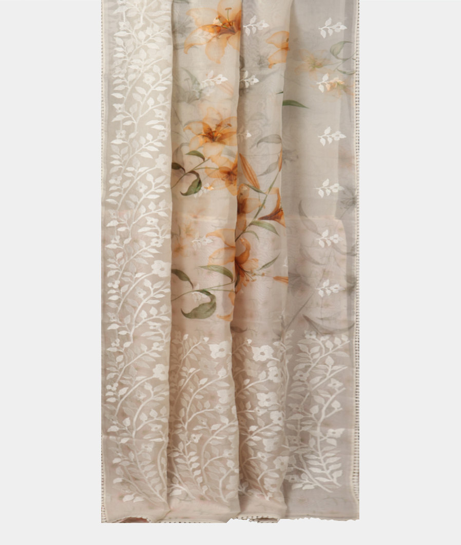 White Kora Organza Embroidery Saree T3882382