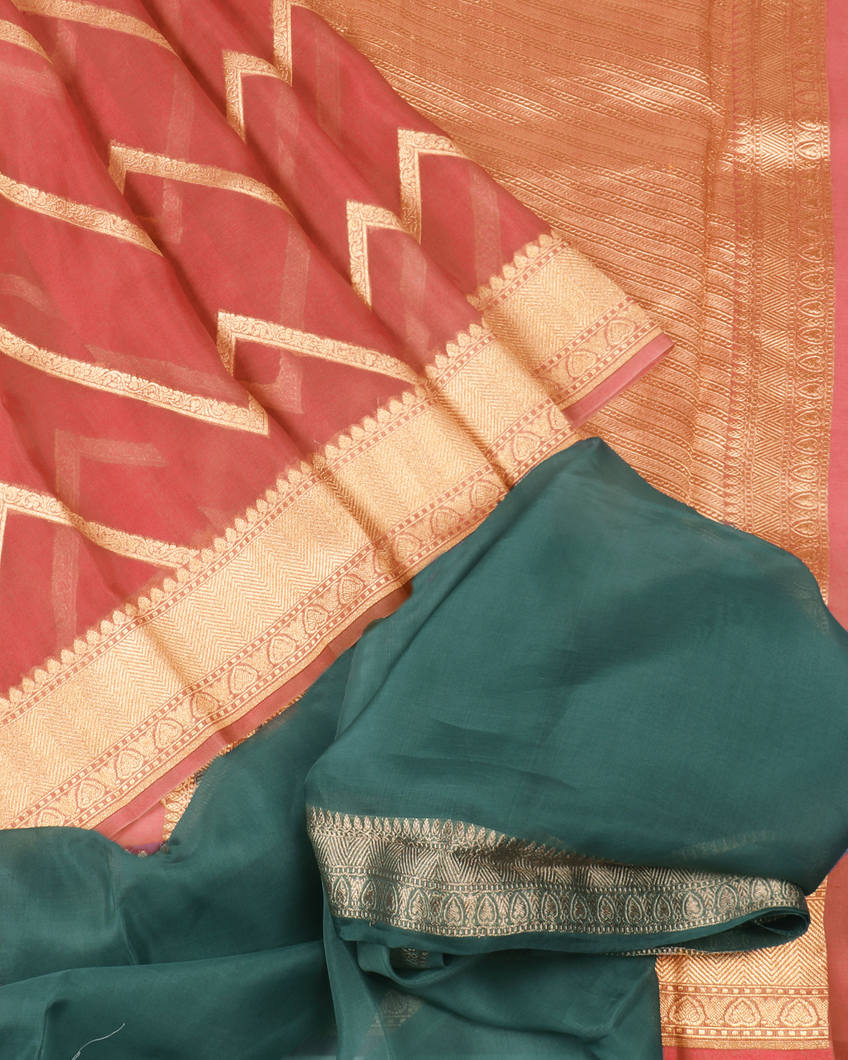 Peach Banaras Organza Saree T3769812