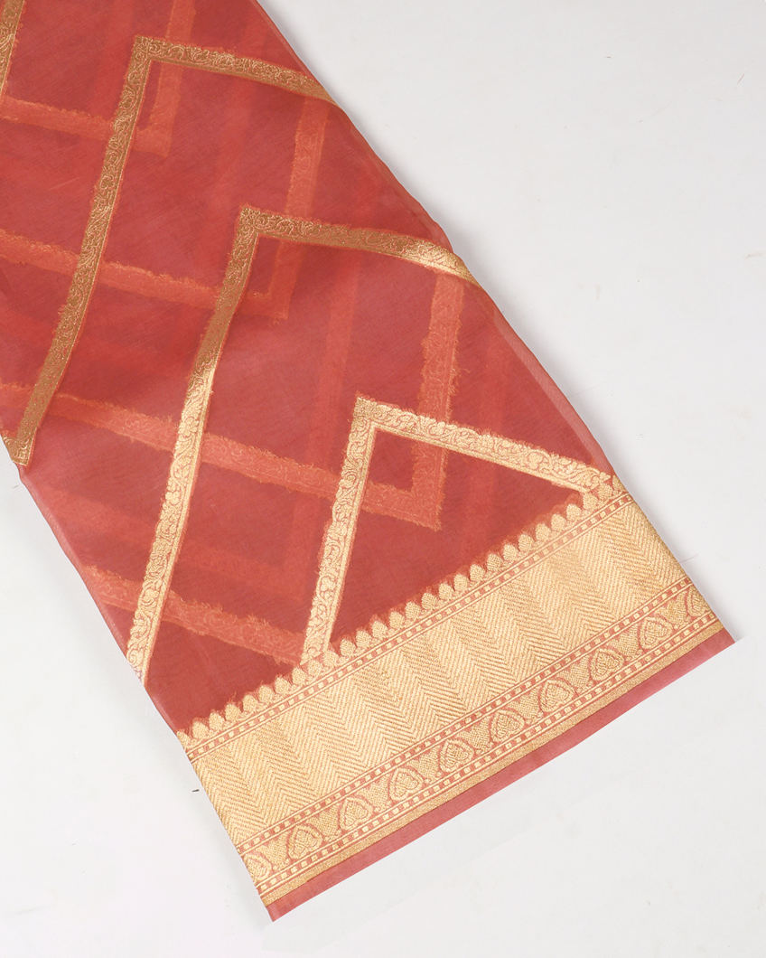 Peach Banaras Organza Saree T3769814