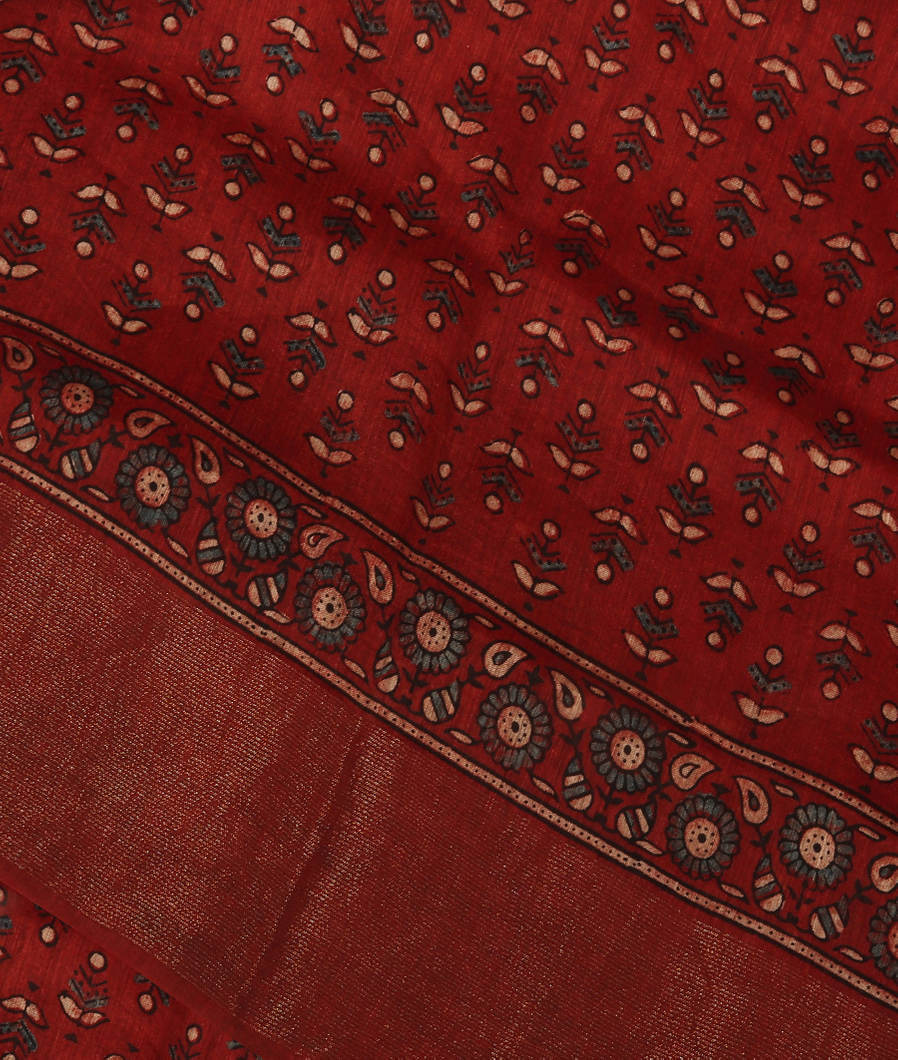 Rust Ajrakh Linen Printed Saree T347875-image