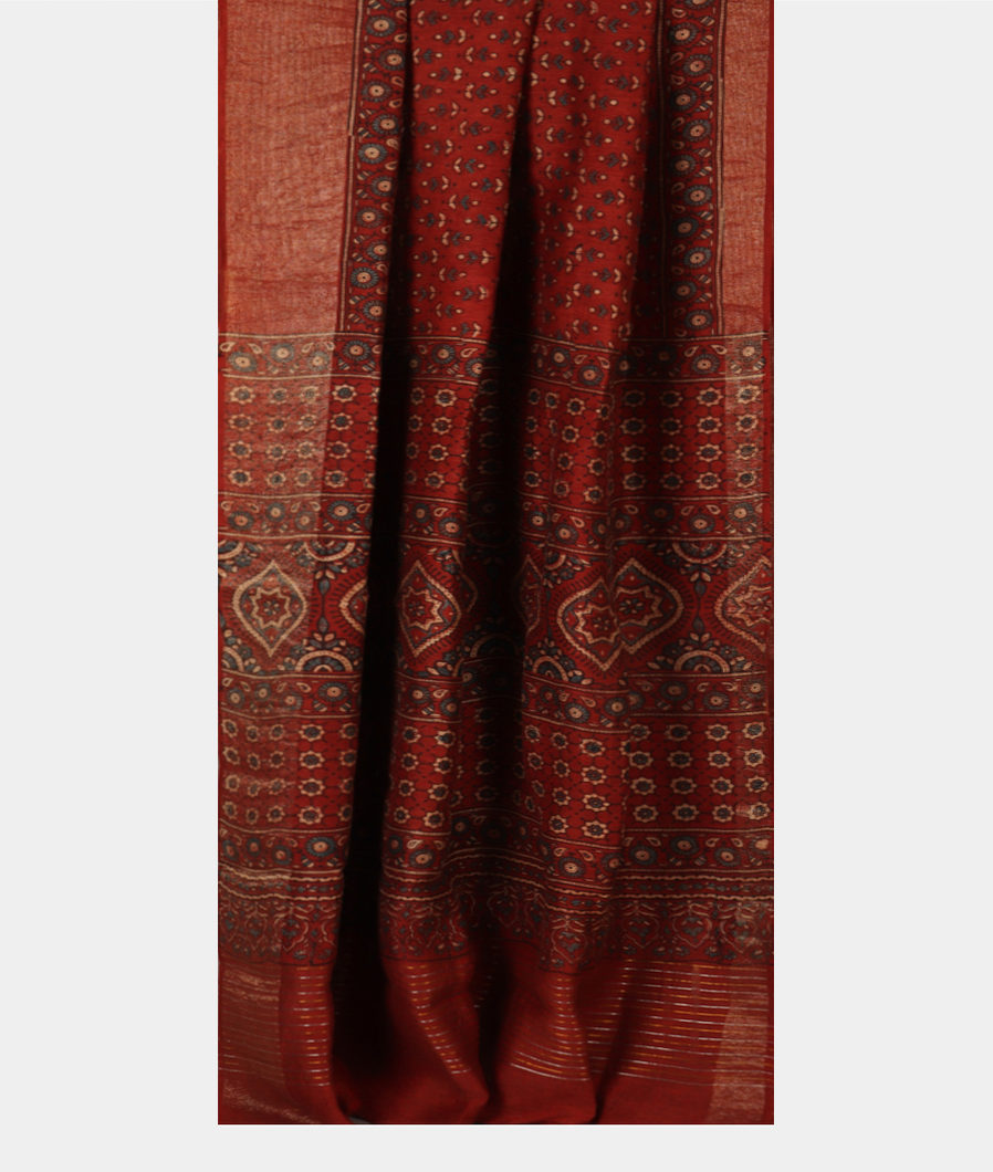 Rust Ajrakh Linen Printed Saree T3478752