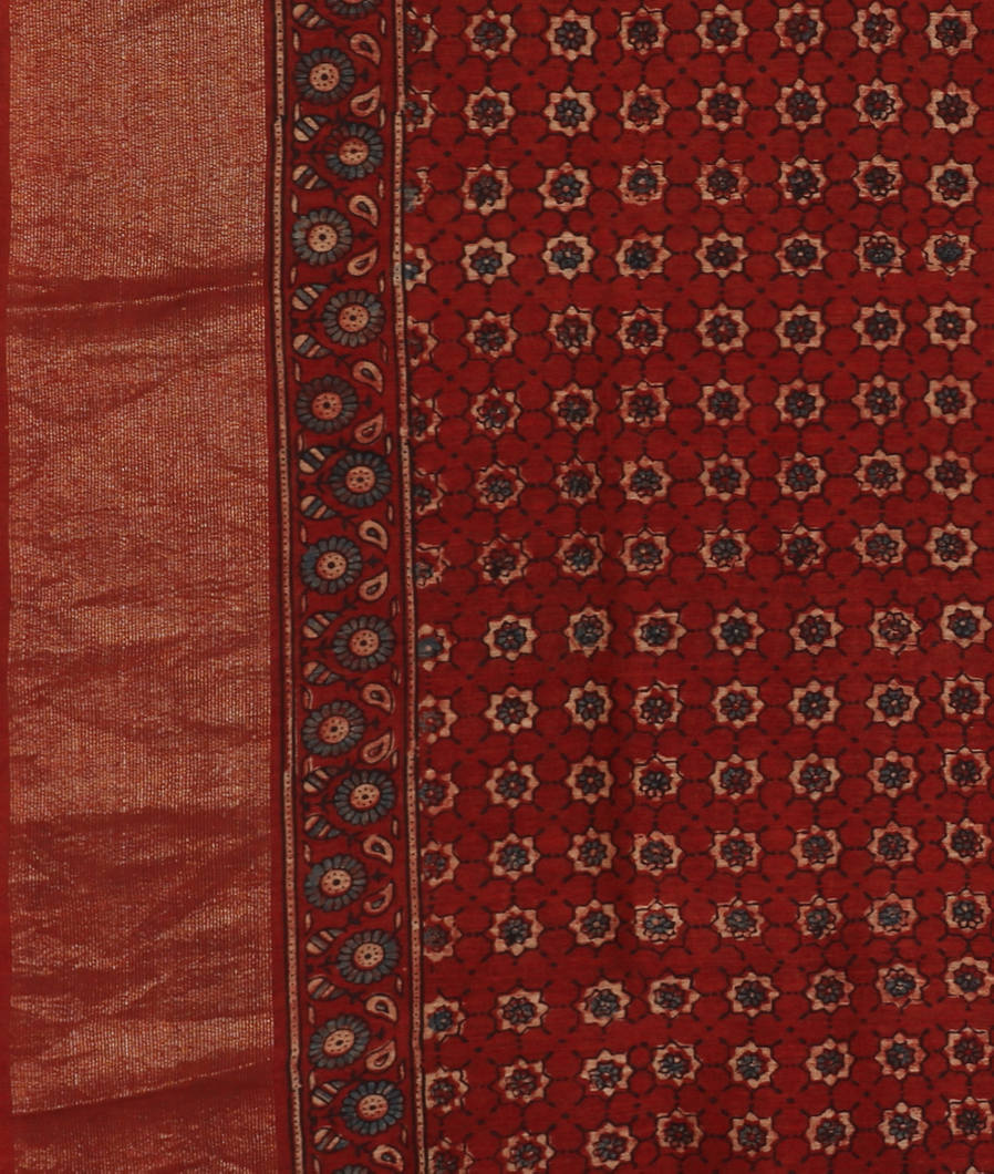 Rust Ajrakh Linen Printed Saree T3478753