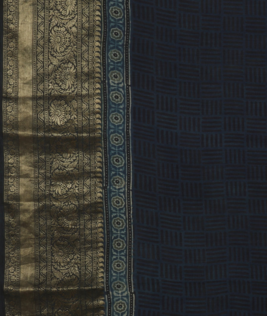 Blue Ajrakh Printed Modal Silk Saree T3641383