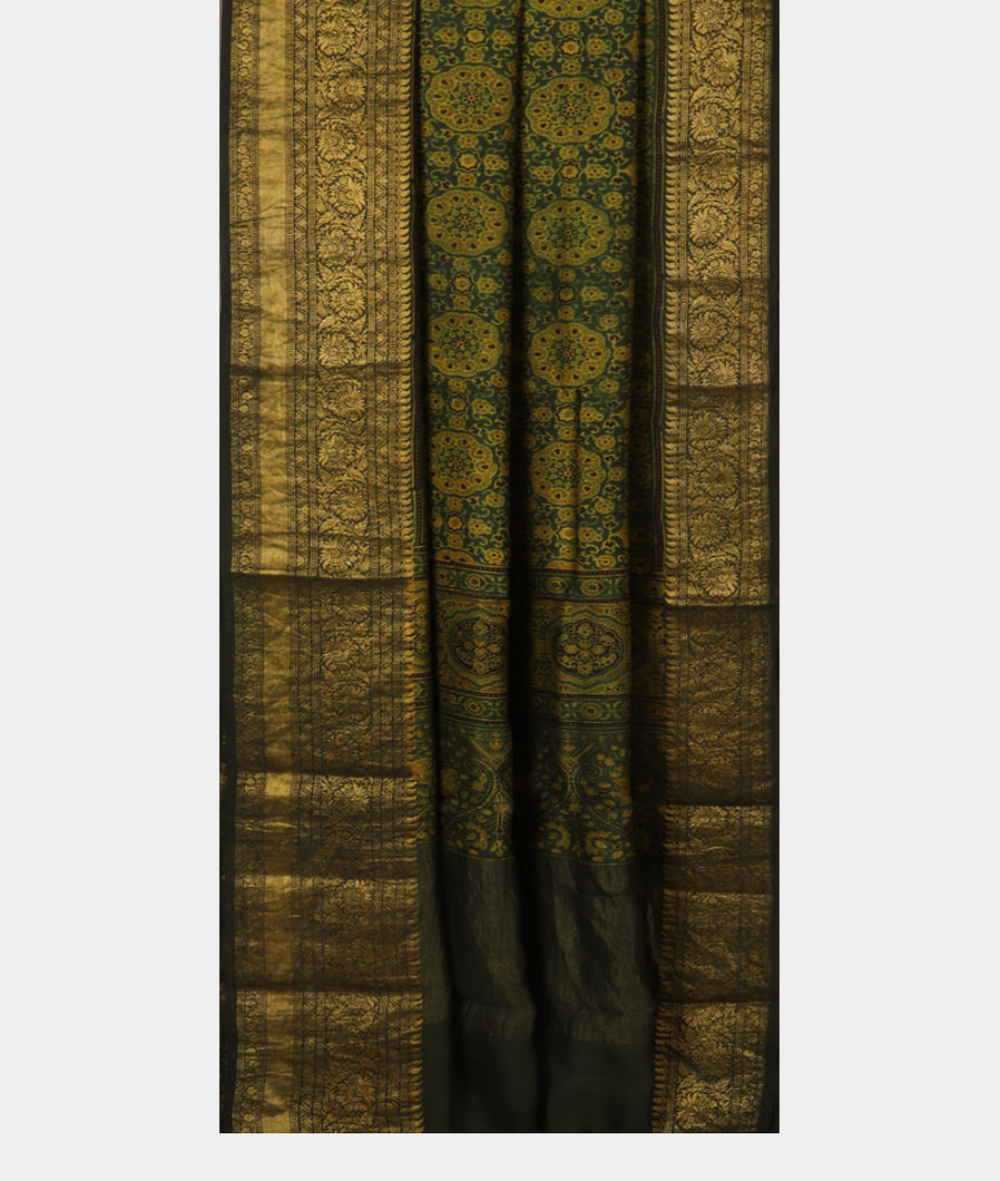 Green Ajrakh Printed Modal Silk Saree T3641422