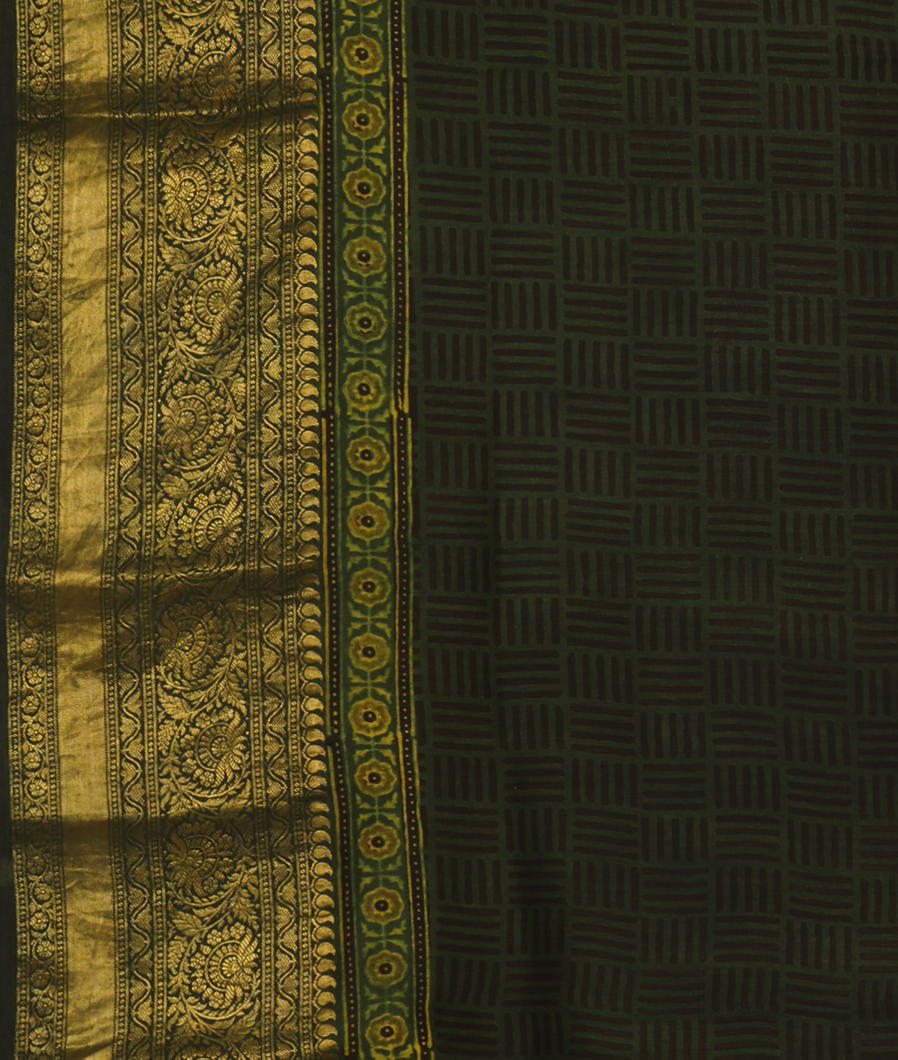 Green Ajrakh Printed Modal Silk Saree T3641423