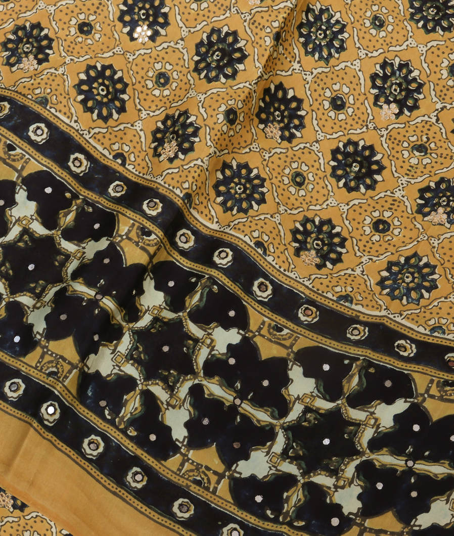 Beige Ajrakh Printed Modal Silk Saree T369207-image