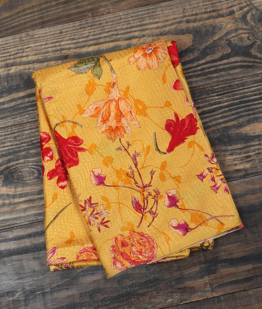 Yellow Hand Printed Kanjivaram Silk Blouse T377324-image