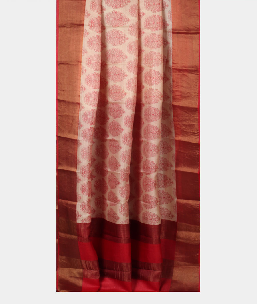 off-White Tussar Printed Saree T3889452