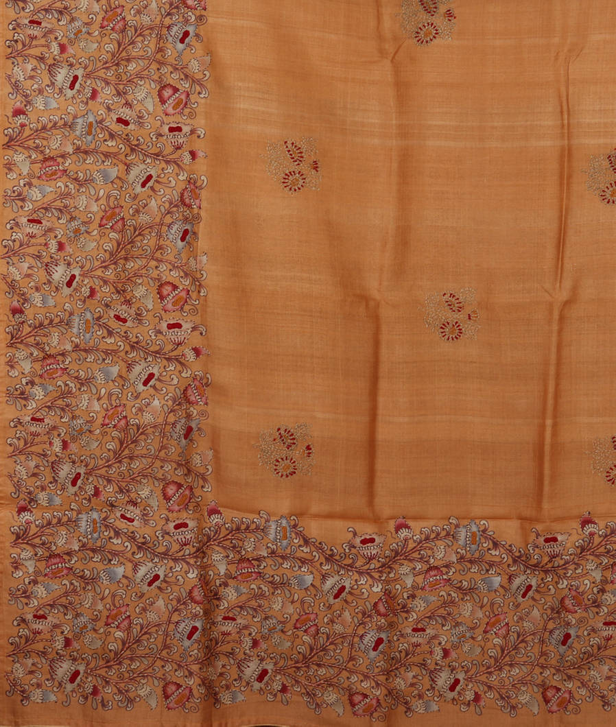 Beige Tussar Kantha Work Saree T3717614