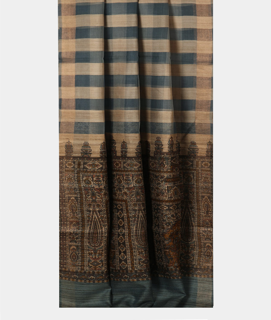 Blue And Beige Tussar Printed Saree T3945212