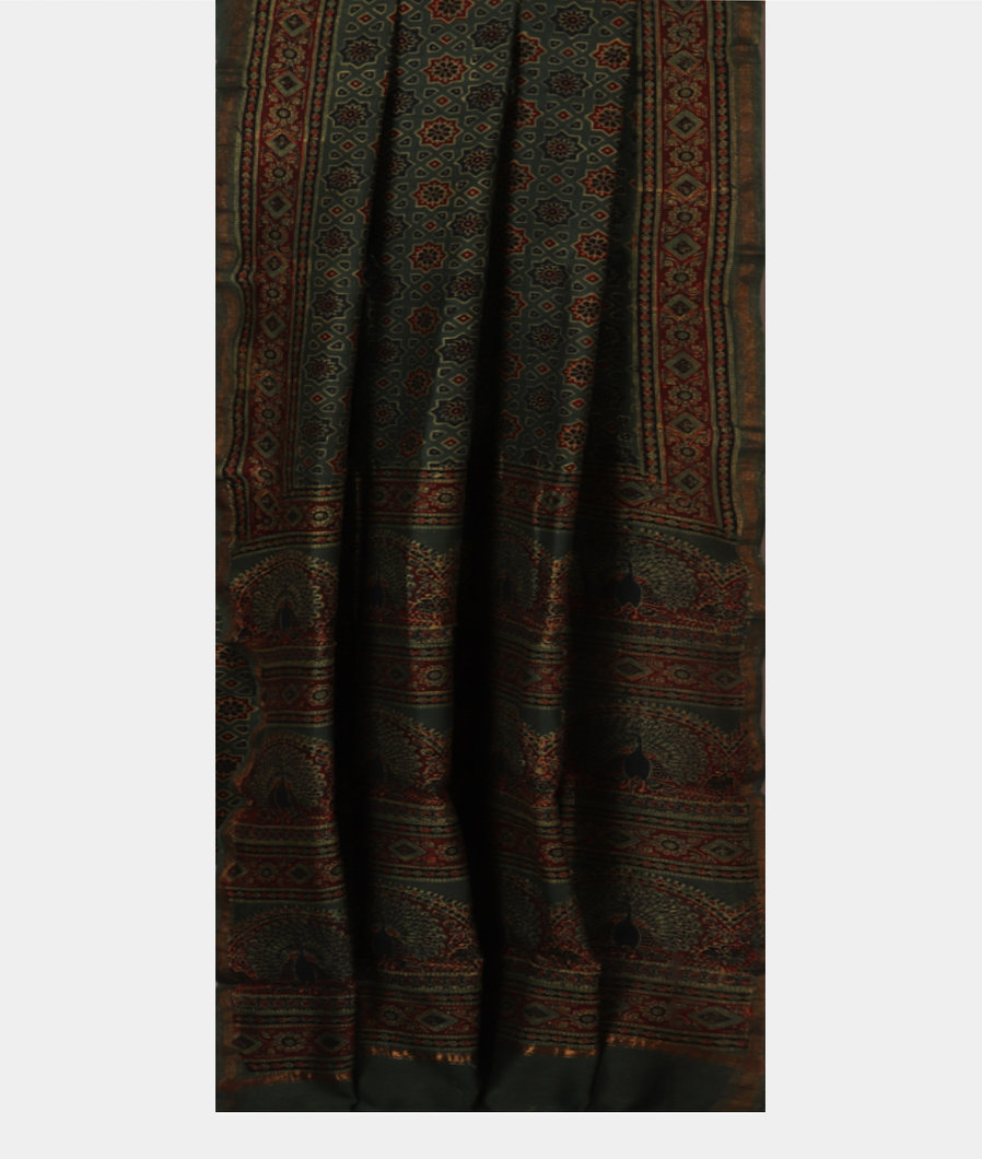 Green Ajrakh Cotton Saree T3920352