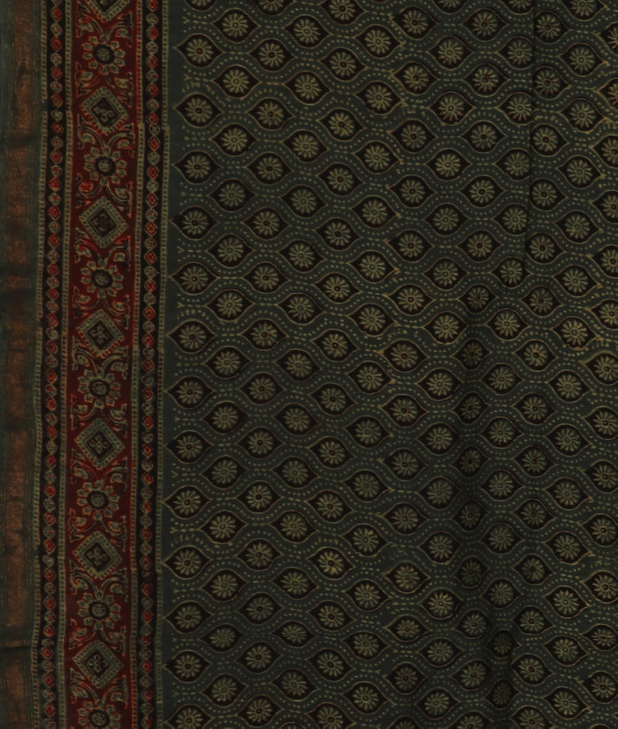 Green Ajrakh Cotton Saree T3920353