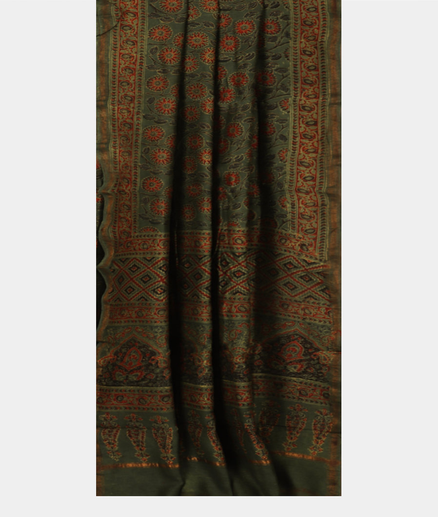 Green Ajrakh Cotton Saree T3920242