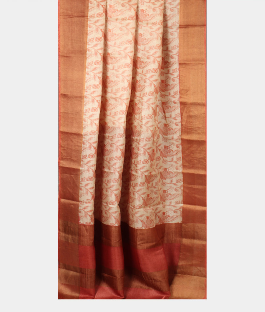 Off-White Tussar Printed Saree T3889712