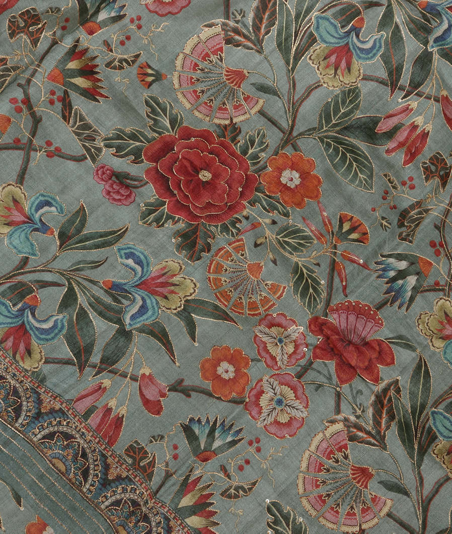 Greenish Grey Tussar Embroidery Saree T387956-image