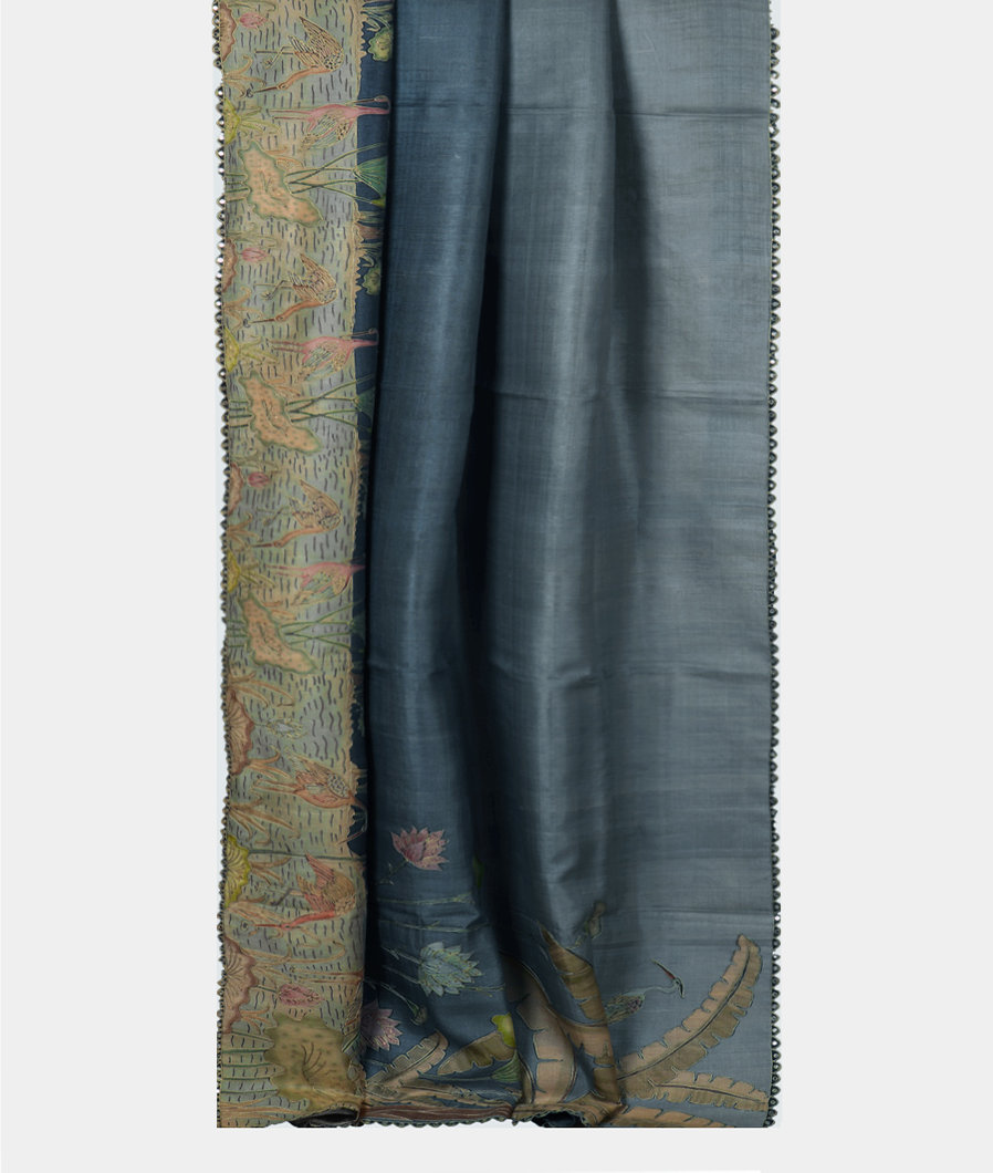 Blue And Grey Tussar Printed Saree T3810772
