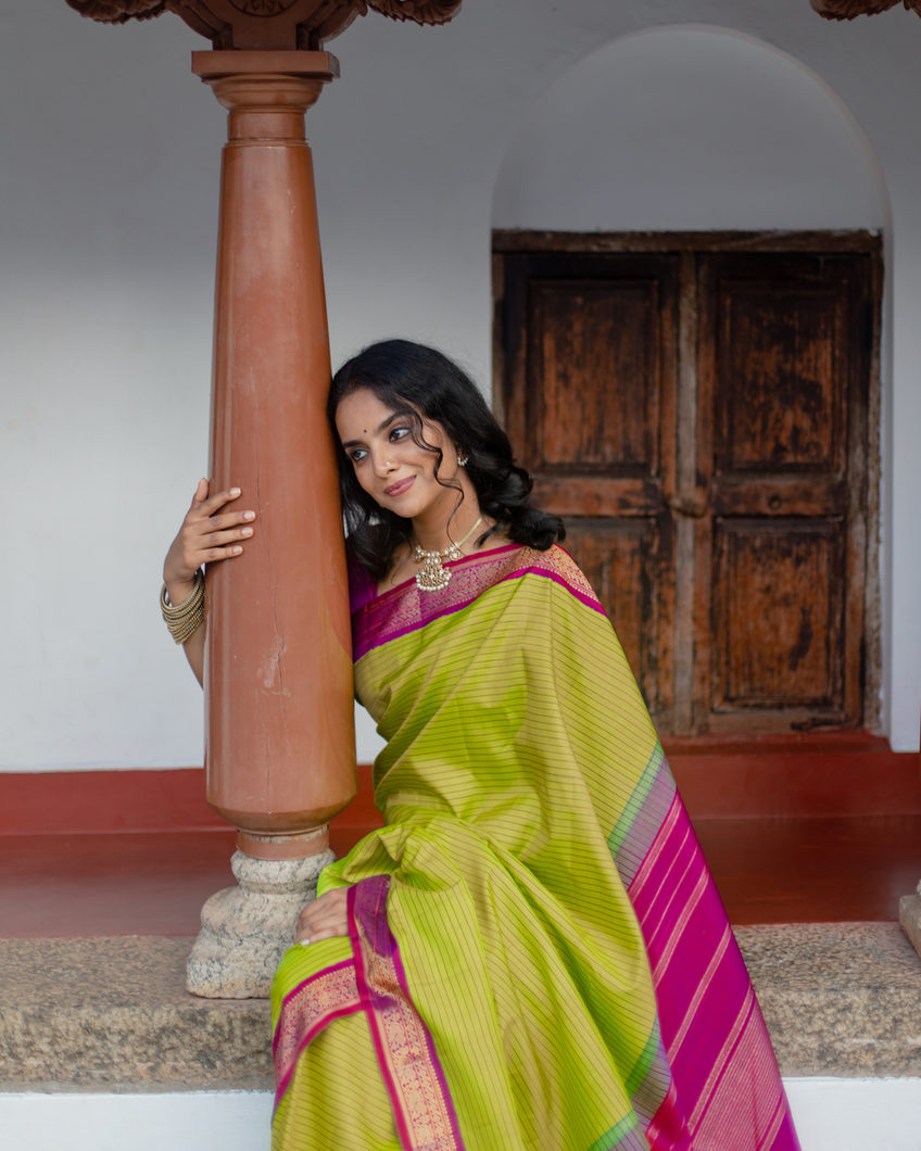 Buy Yellowish Green Kanjivaram Silk Saree T371596