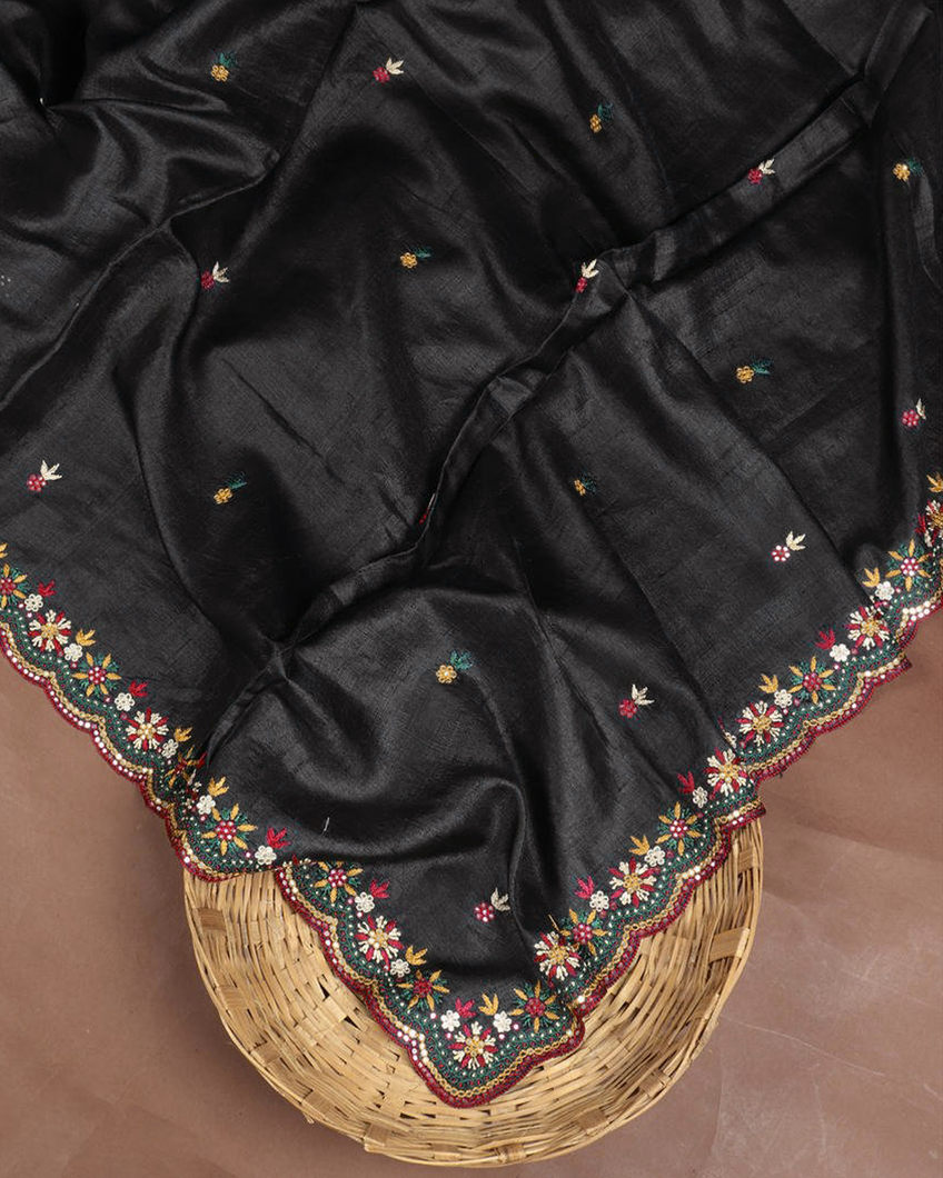 Black Tussar Embroidery Saree T396887-image