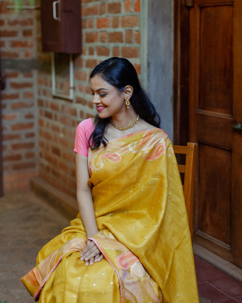 Yellow Tussar Embroidery Saree T3811123