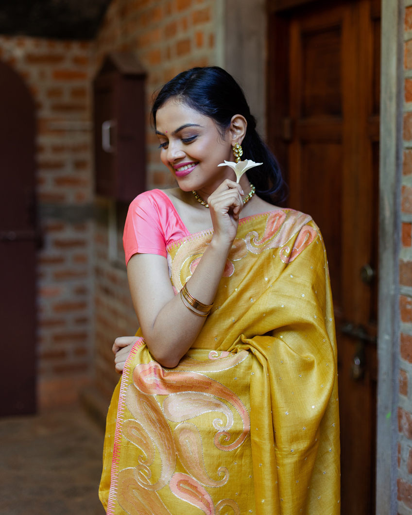 Yellow Tussar Embroidery Saree T3811124