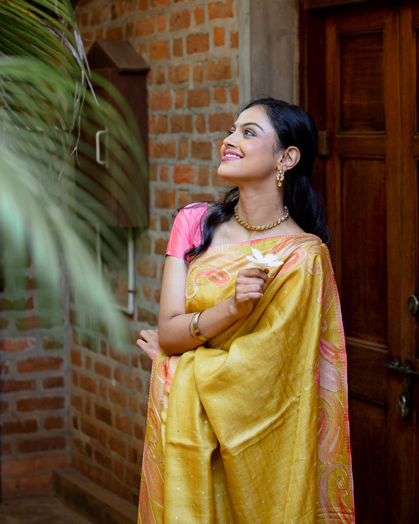 Yellow Tussar Embroidery Saree T3811127