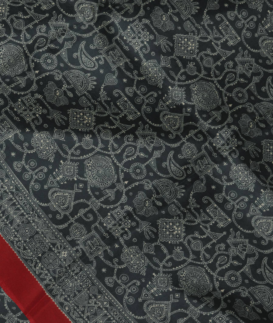 Grey Printed Silk Saree T3783684