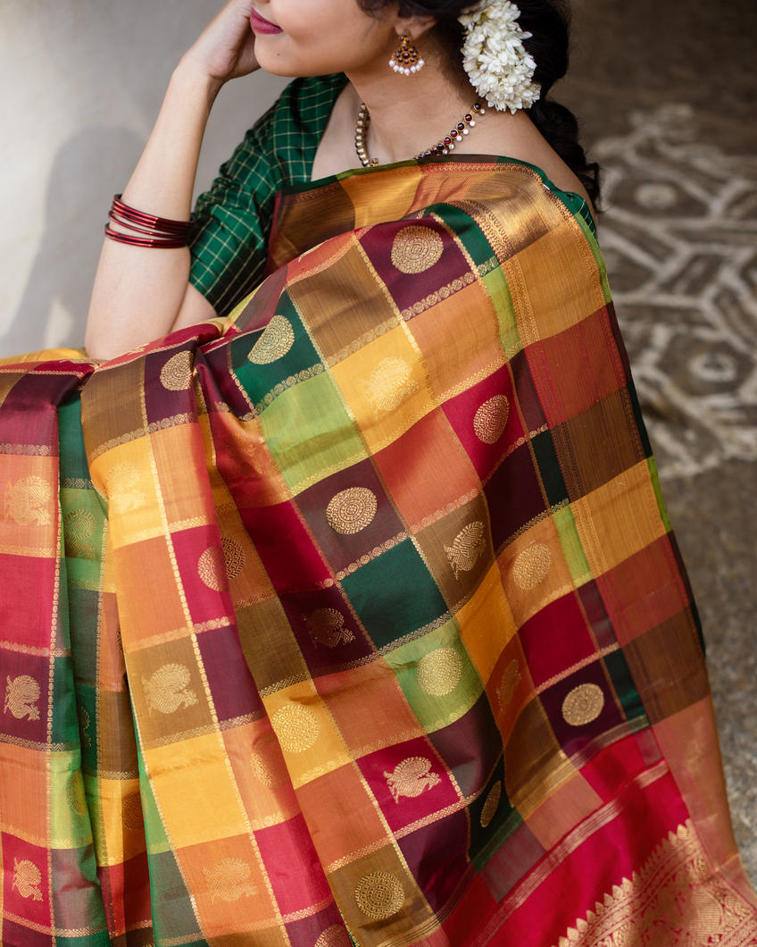 Shop Online Multicolor Check Kanjivaram Saree with Zari Buta and Zari Pallu  – Pure Elegance