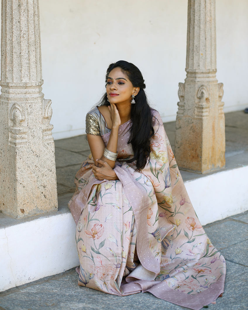Brownish Pink Tussar Printed Saree T386192-image