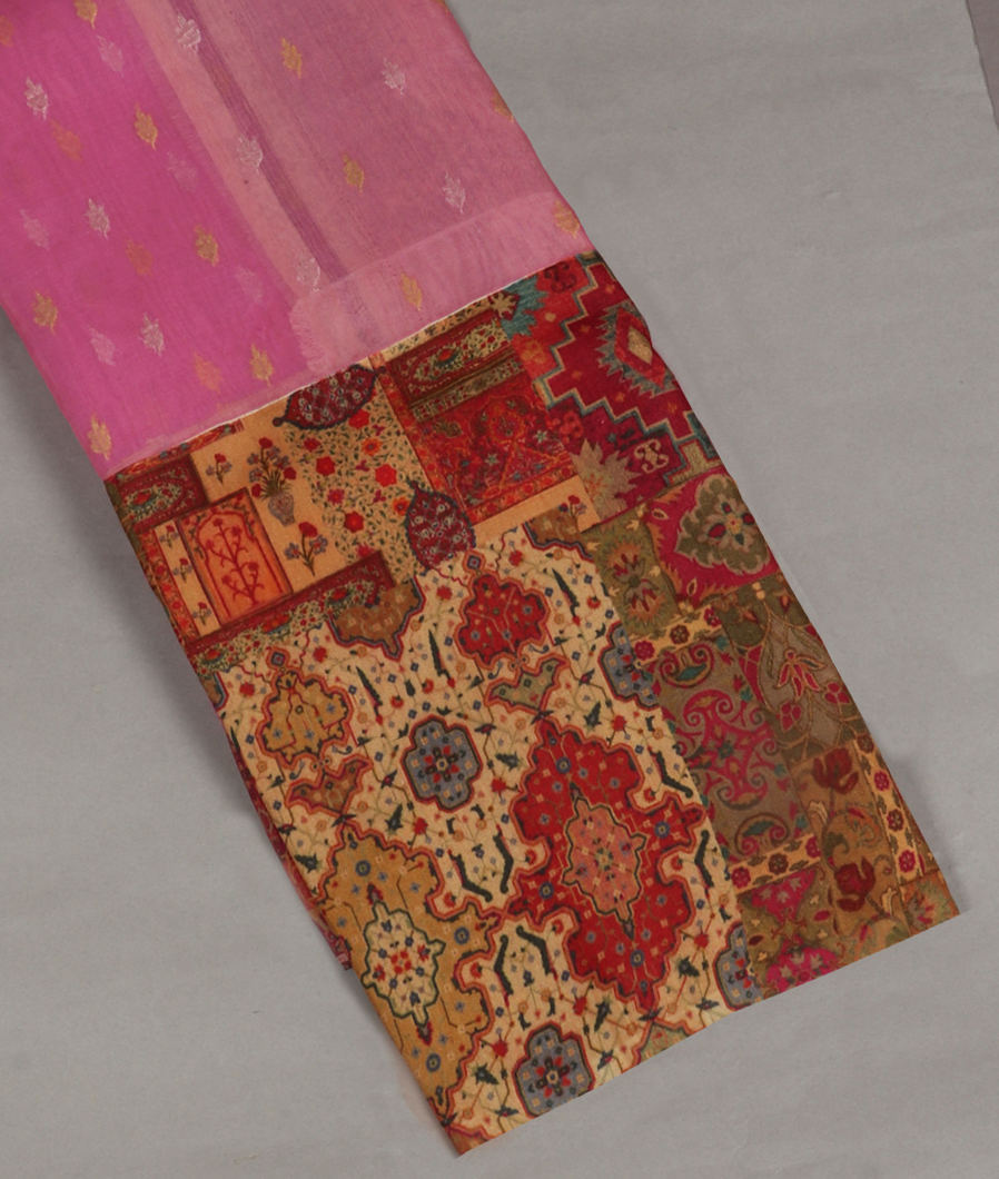Pink Kora Organza Printed With Tussar Border and Pallu T379266-image