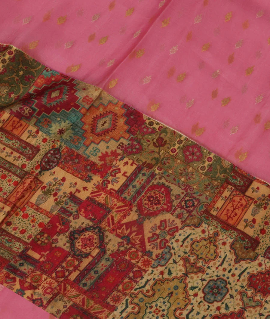 Pink Kora Organza Printed With Tussar Border and Pallu T3792665
