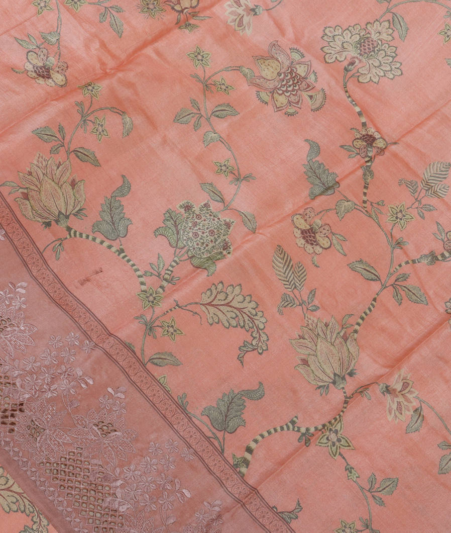 Salmon Pink Tussar Printed Saree T3935335