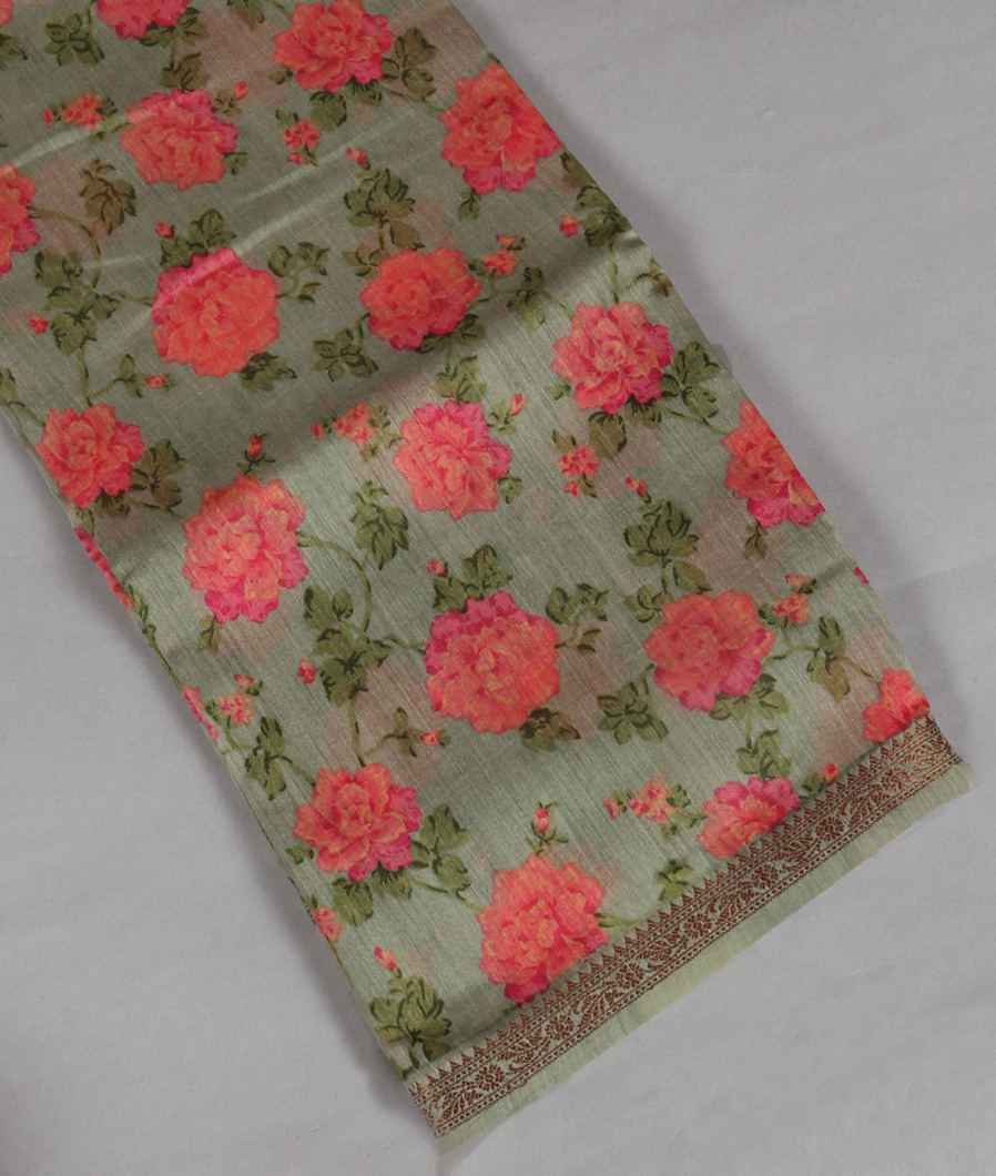 Greenish Grey Tussar Printed Saree T363038-image