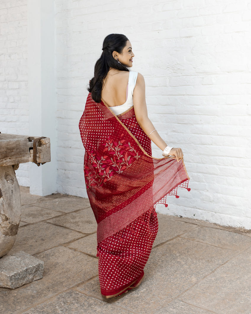 maroon linen saree