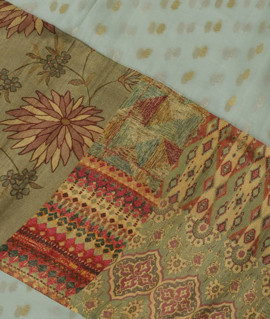 Grey Kora Organza Printed With Tussar Border and Pallu T3792655