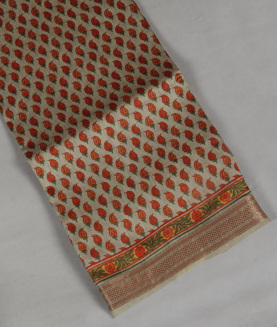 Greenish Grey Tussar Printed Saree T372171-image