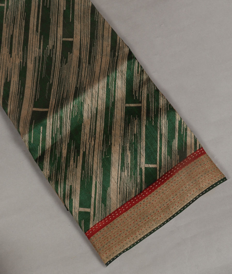 Green And Beige Tussar Printed Saree T352685-image