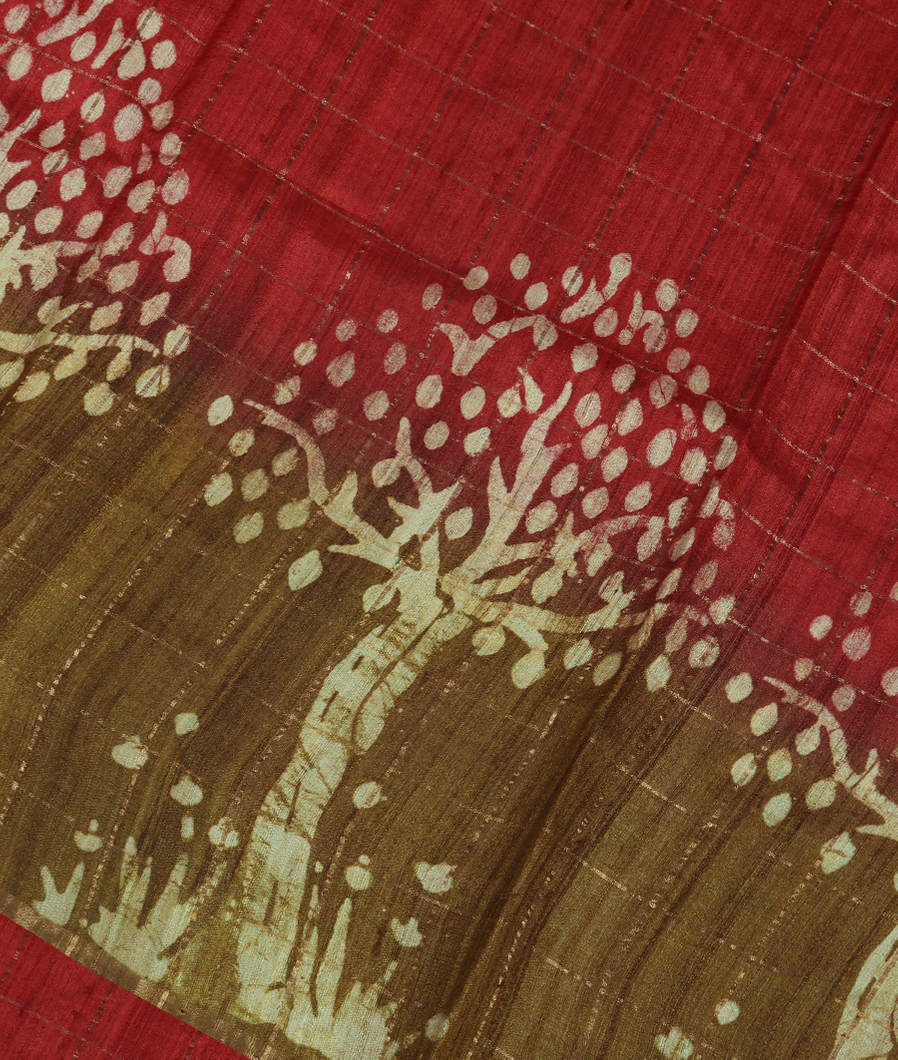 Red Tussar Printed Saree T3957114