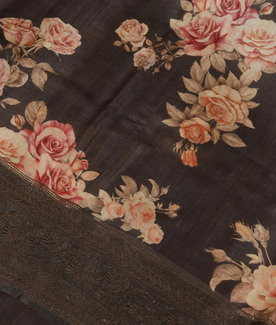 Elephant Grey Tussar Printed Saree T3806925