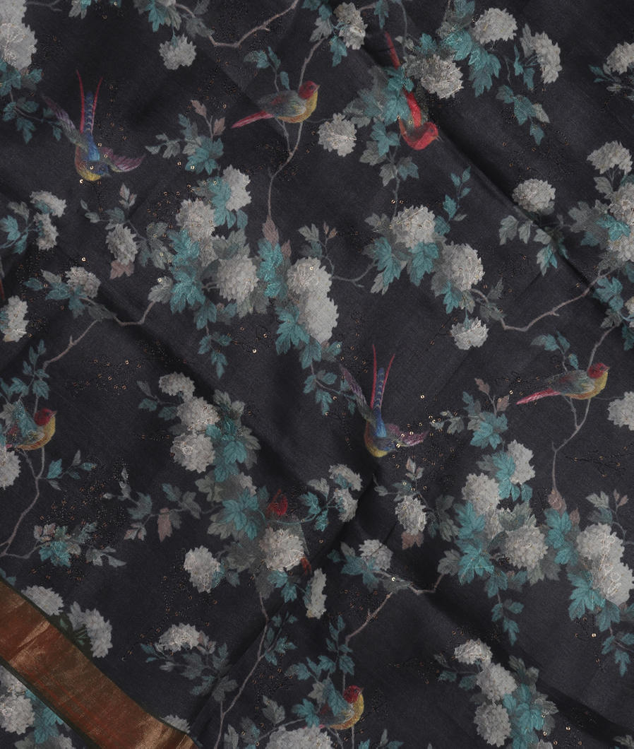 Black Tussar Printed Saree T3666475