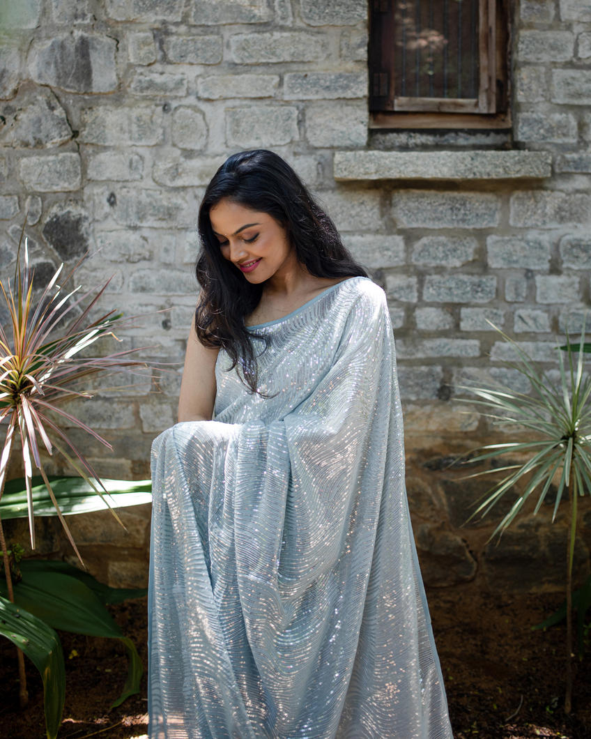 Greyish Blue Georgette Silk Saree T380957-image