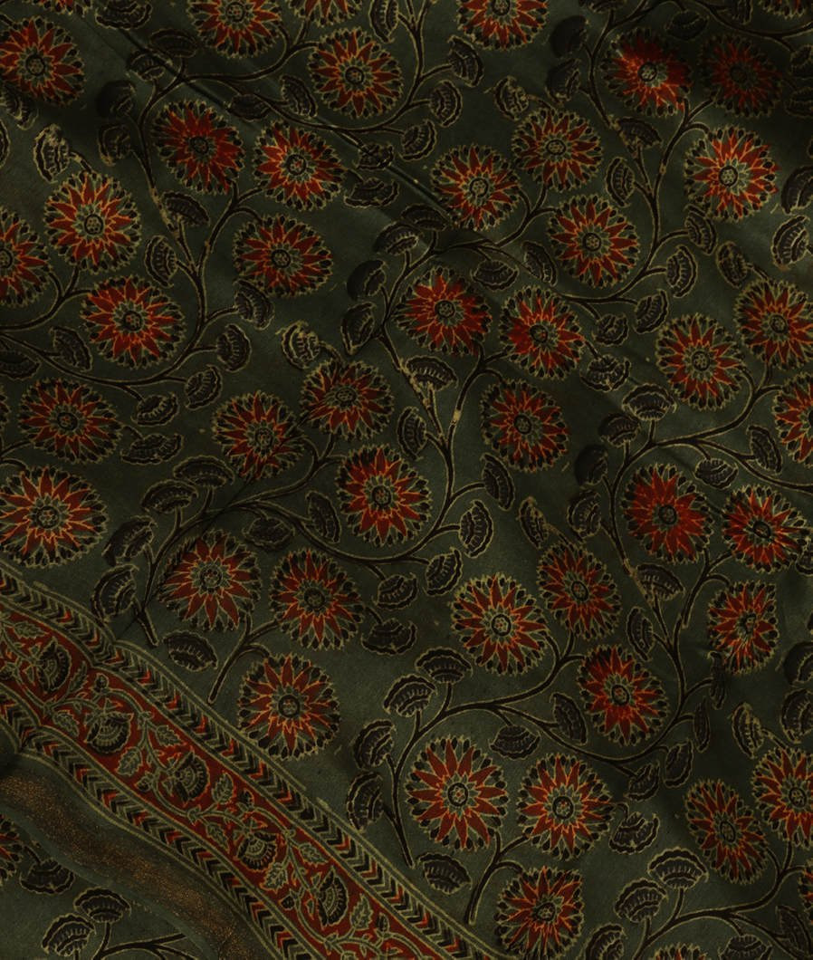 Green Ajrakh Cotton Saree T3920244