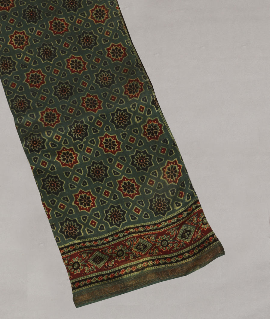 Green Ajrakh Cotton Saree T392035-image