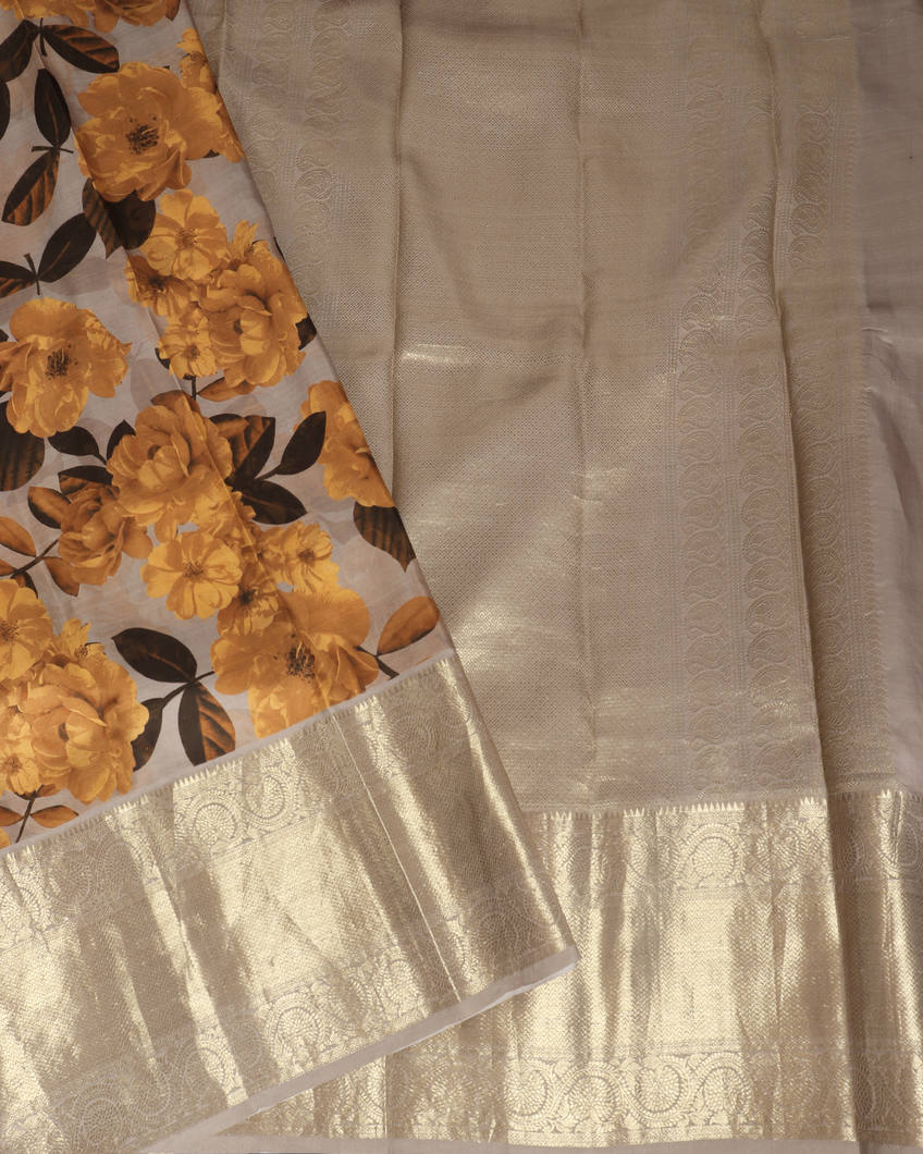 Grey Printed kanjivaram Silk Saree T3976702