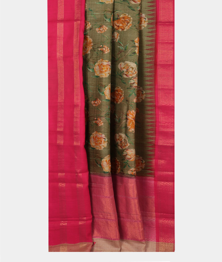 Green Tussar Printed Saree T4100302
