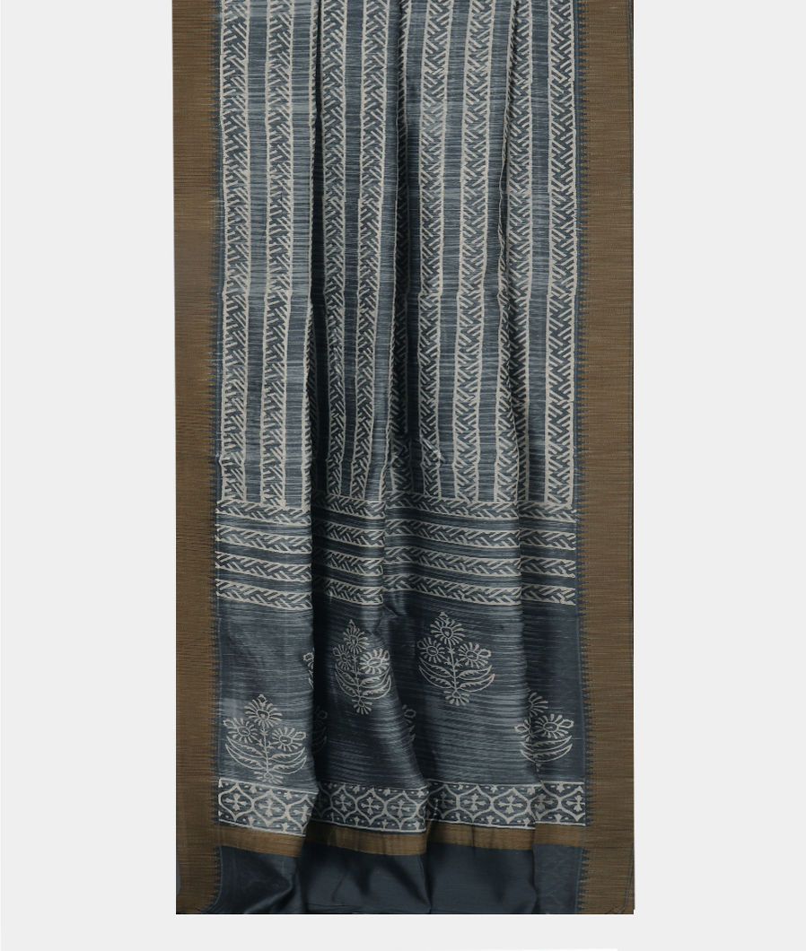 Bluish Grey Printed Cotton Saree T4111422