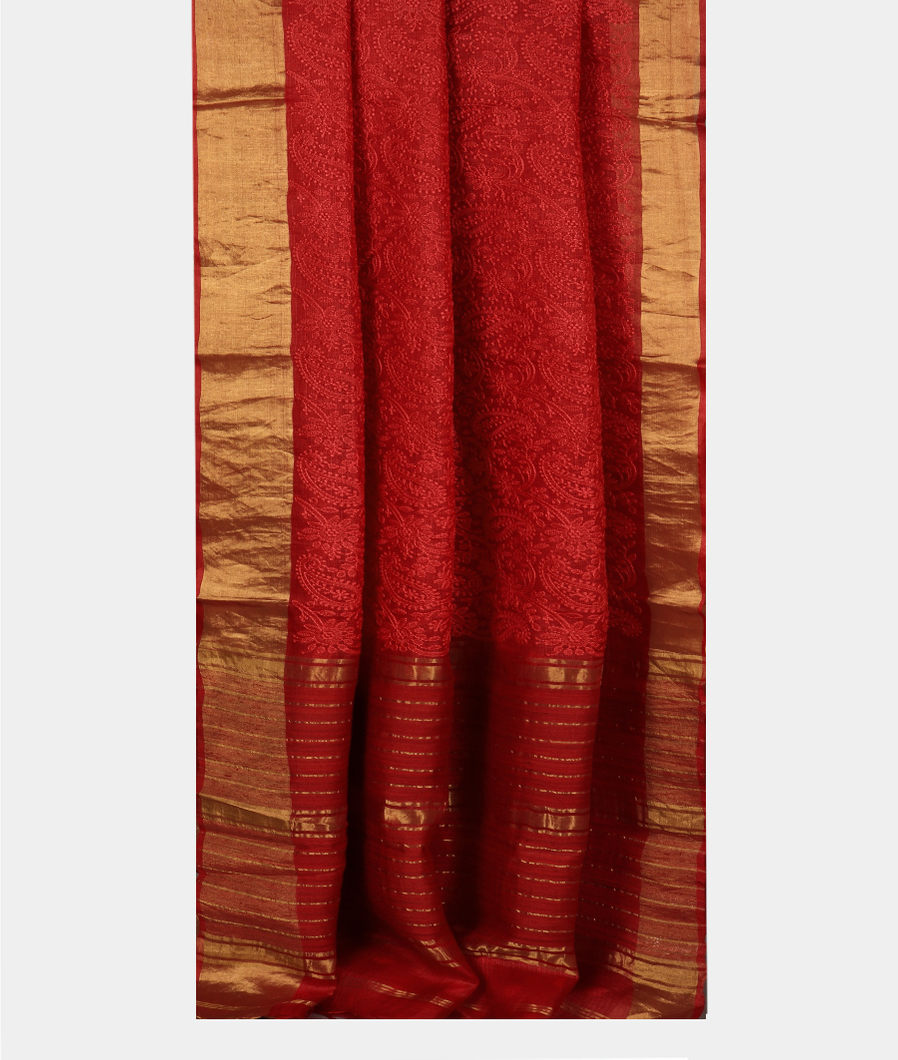 Red Silk Kota Embroidery Saree T4115412