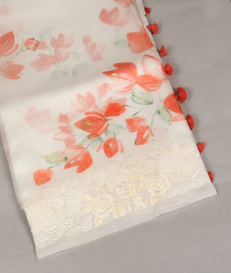 White Kora Organza Printed Saree T396728-image