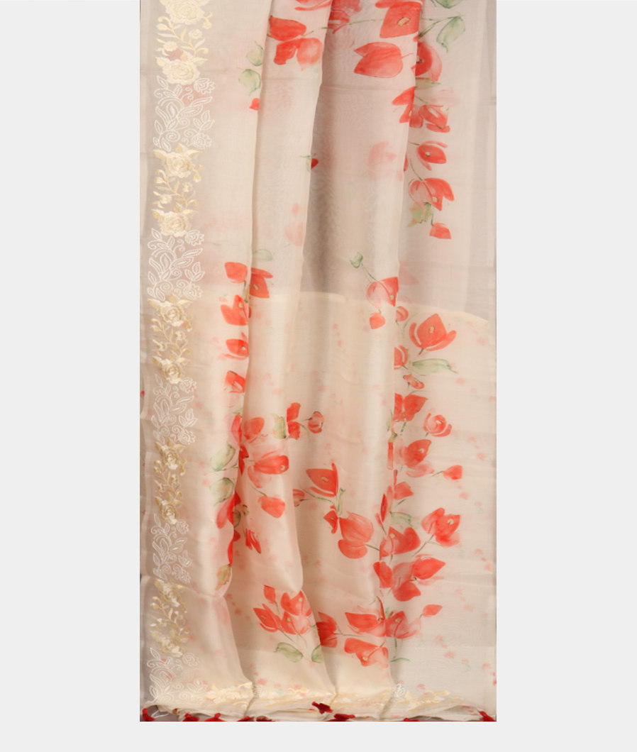 White Kora Organza Printed Saree T3967282