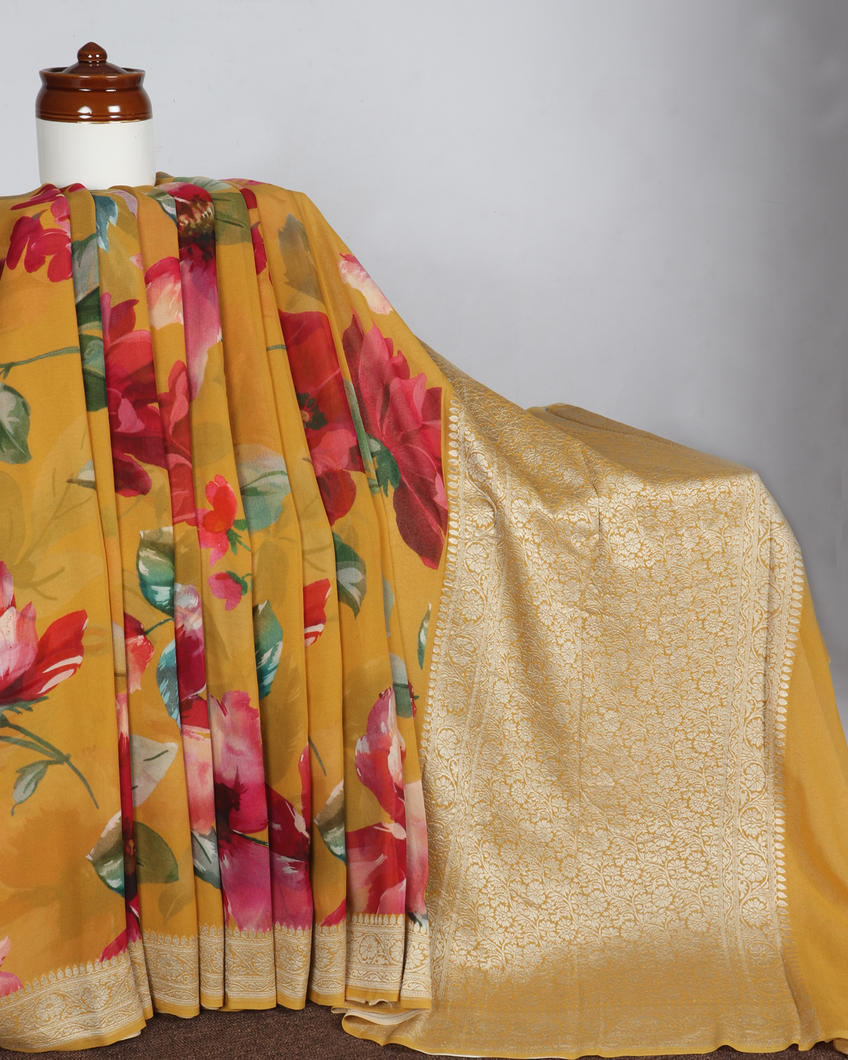 Yellow Banaras Georgette Silk Saree T398562-image